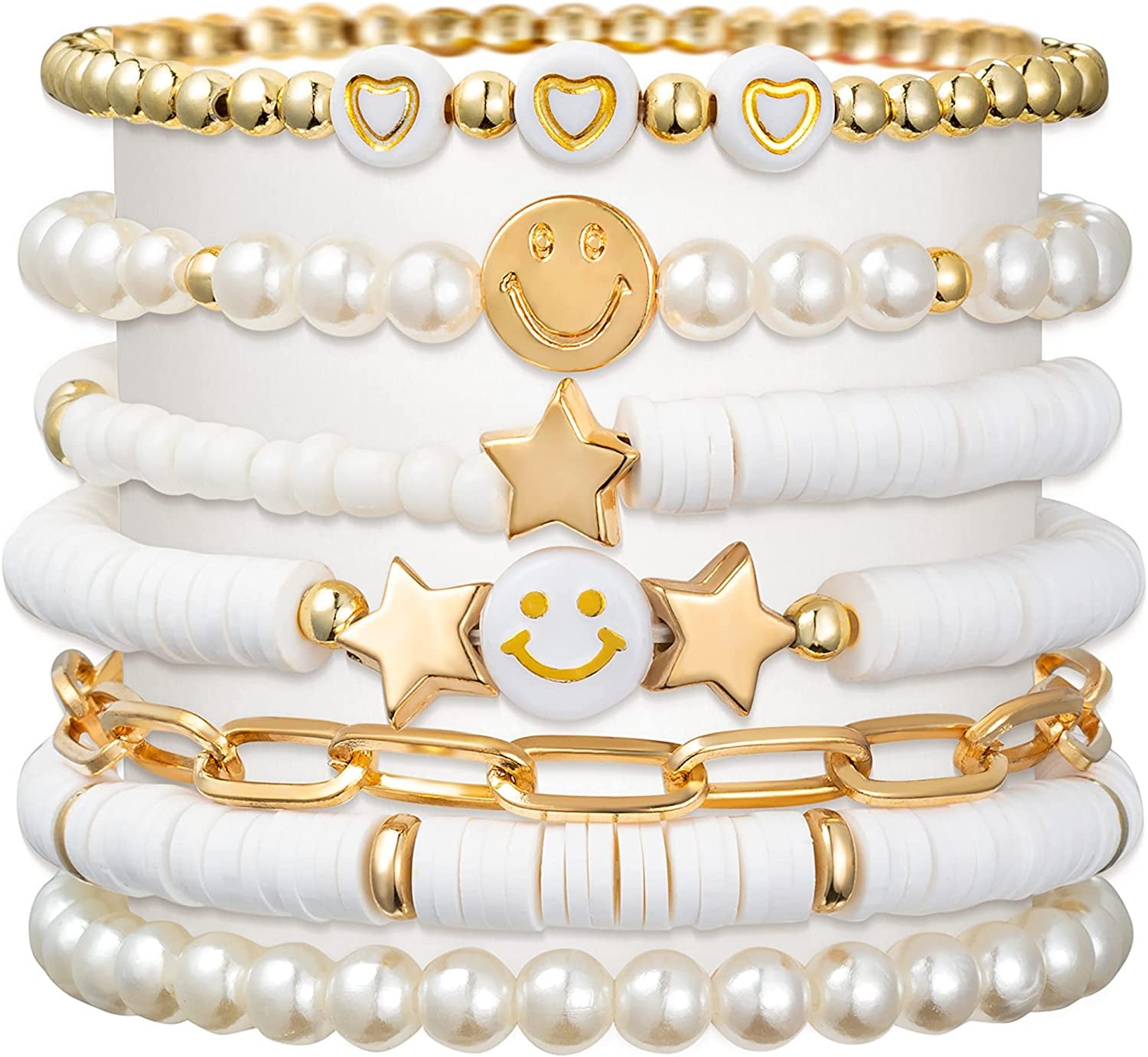 Lietoi Preppy Heishi Bracelets Set Colorful White Gold Smile Heart Star Evil Eye Beaded Polymer Clay Pearl Stackable Charm Y2K Kidcore Summer Beach Bohemian Layering Bracelets Jewelry for Women Girls Teens Apparel & Accessories > Jewelry > Bracelets LieToi White Gold  