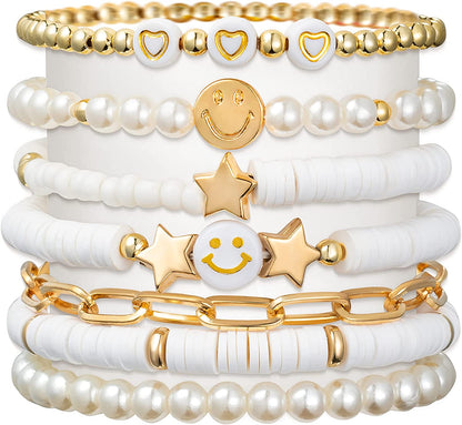 Lietoi Preppy Heishi Bracelets Set Colorful White Gold Smile Heart Star Evil Eye Beaded Polymer Clay Pearl Stackable Charm Y2K Kidcore Summer Beach Bohemian Layering Bracelets Jewelry for Women Girls Teens Apparel & Accessories > Jewelry > Bracelets LieToi White Gold  