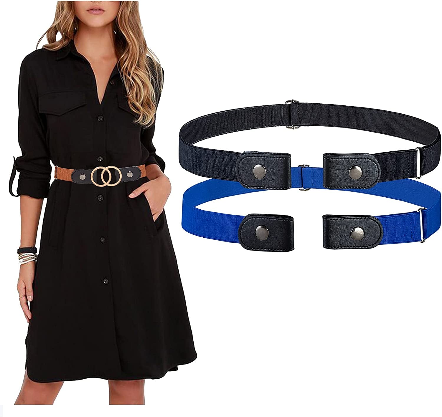 MSTOKIN No Buckle Stretch Belt Invisible Elastic Buckleless Belts for Jeans Double O Ring Belt for Waist Dress Pack of 4,2 Apparel & Accessories > Clothing Accessories > Belts MSTOKIN Black/Blue  