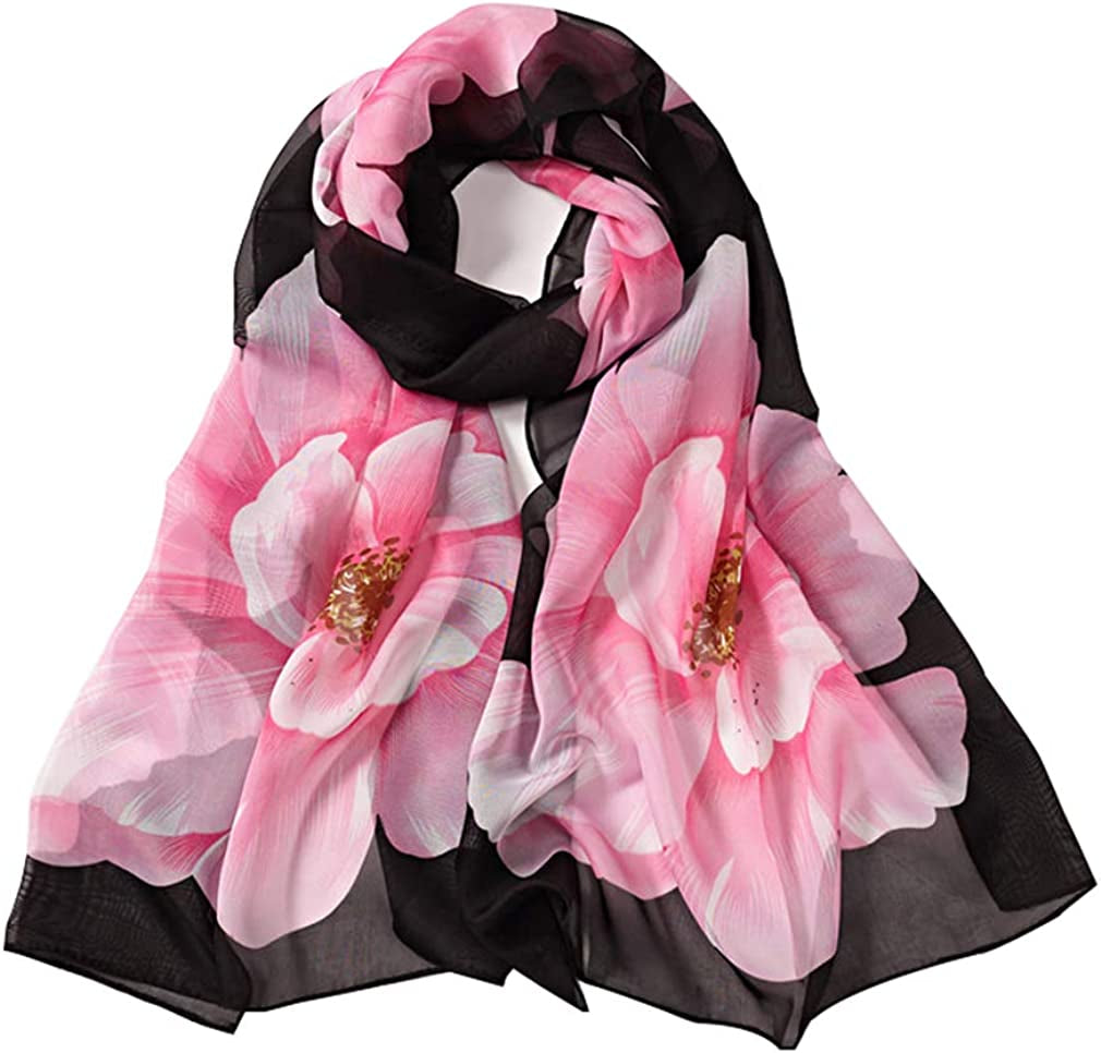E-Clover Women Soft Floral Print Shawl Chiffon Sheer Scarf Apparel & Accessories > Clothing Accessories > Scarves & Shawls E-Clover A-black&pink  