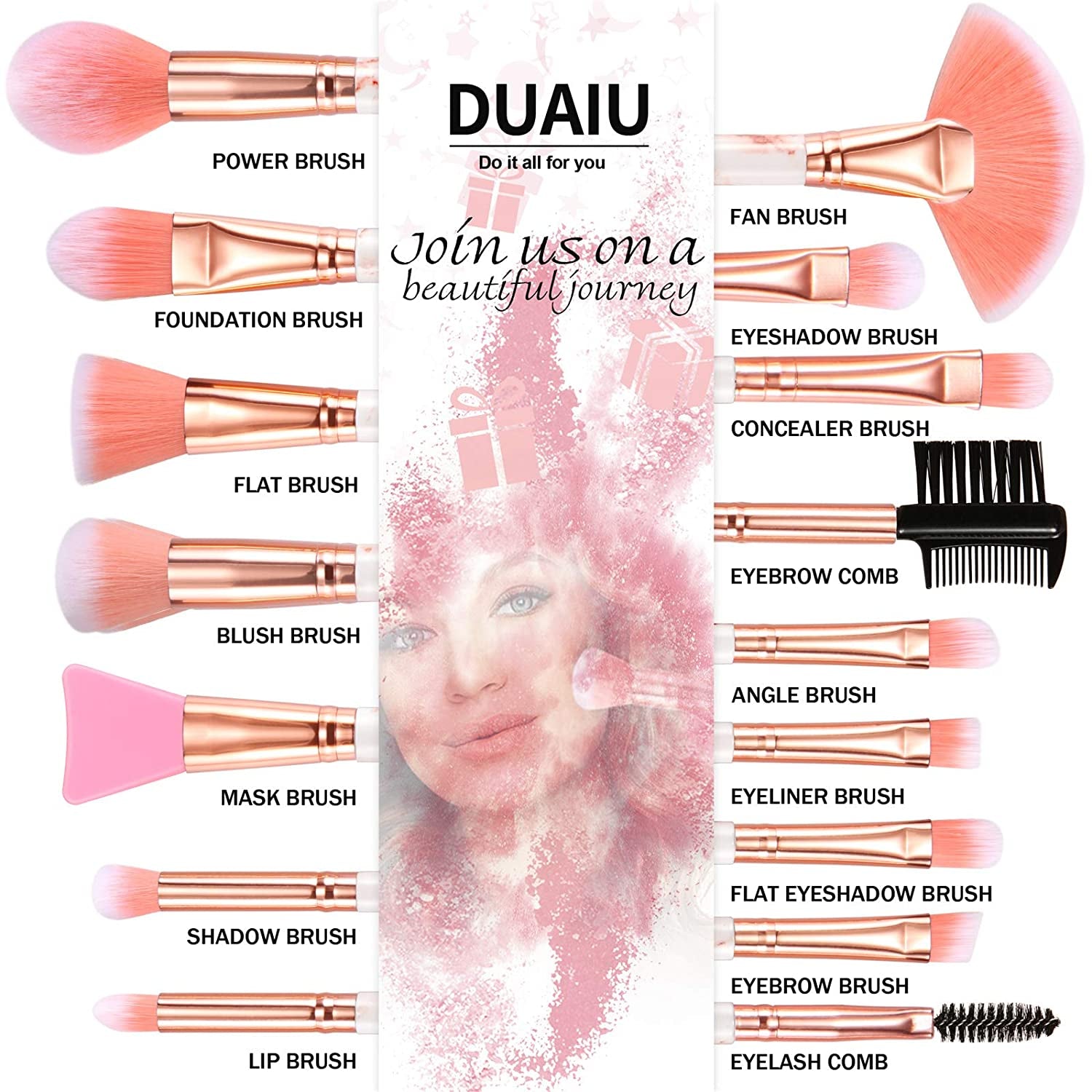 DUAIU Makeup Brushes 16PCS Marble Handle Professional Makeup Brushes Set with 4Pcs Makeup Sponge Blenders and 1 Brush Cleaner Foundation Brushes Eyeshadow Brush Lip Brush Set Make up Tool Health & Beauty > Personal Care > Cosmetics > Cosmetic Tools > Makeup Tools DUAIU   