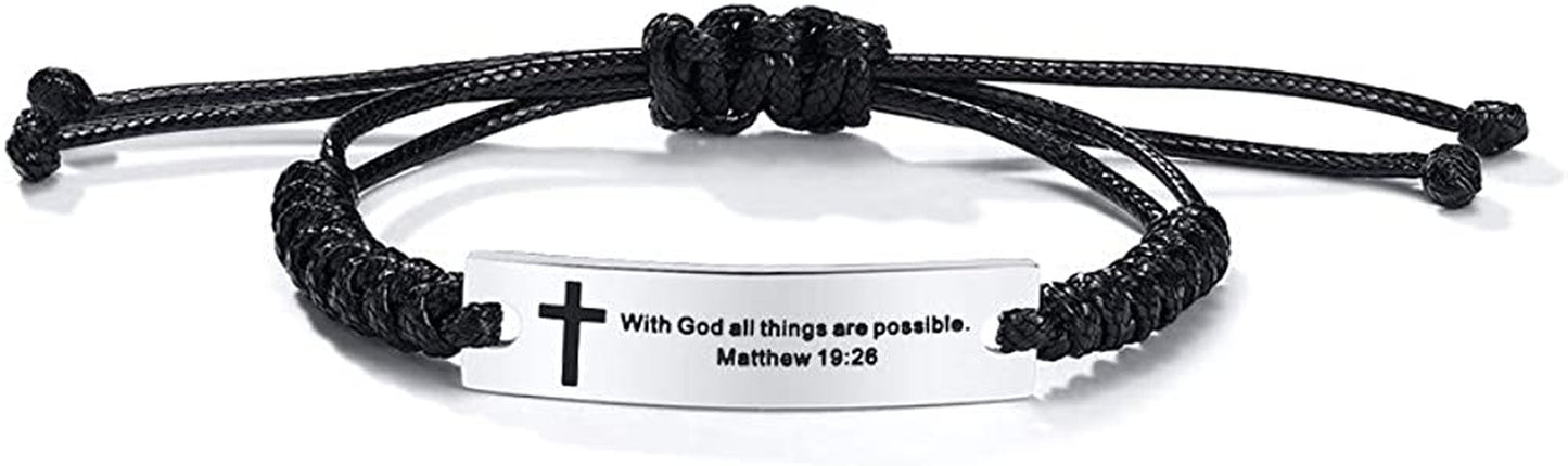 Personalized Unisex Religious Bible Verse Scripture Quotes Bracelet Faith Christian Adjustable Cord Stainless Steel Encourage Inspirational ID Bracelets for Men Women, Christmas Gift Customized Apparel & Accessories > Jewelry > Bracelets Mealguet Silver-With God all things are possible.  