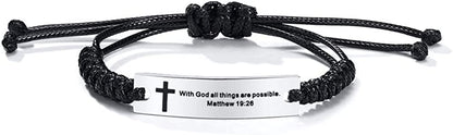Personalized Unisex Religious Bible Verse Scripture Quotes Bracelet Faith Christian Adjustable Cord Stainless Steel Encourage Inspirational ID Bracelets for Men Women, Christmas Gift Customized Apparel & Accessories > Jewelry > Bracelets Mealguet Silver-With God all things are possible.  