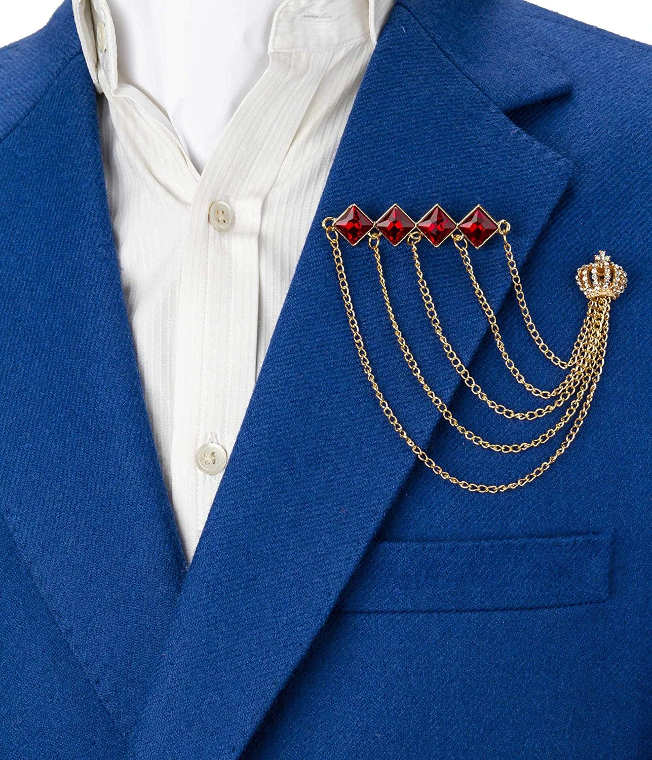 Diamond Cut Red Stone Bar with Hanging Chains and Gold Crown Brooch
