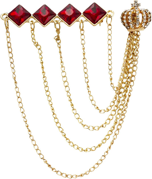 Diamond Cut Red Stone Bar with Hanging Chains and Gold Crown Brooch