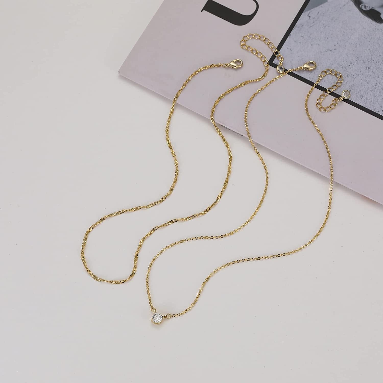 Diamond Necklaces for Women, Dainty Gold Necklace 14K Gold Plated Long Lariat Necklace Simple Gold CZ Diamond Choker Necklaces for Women Trendy Gold Necklace Jewelry Gifts for Girls
