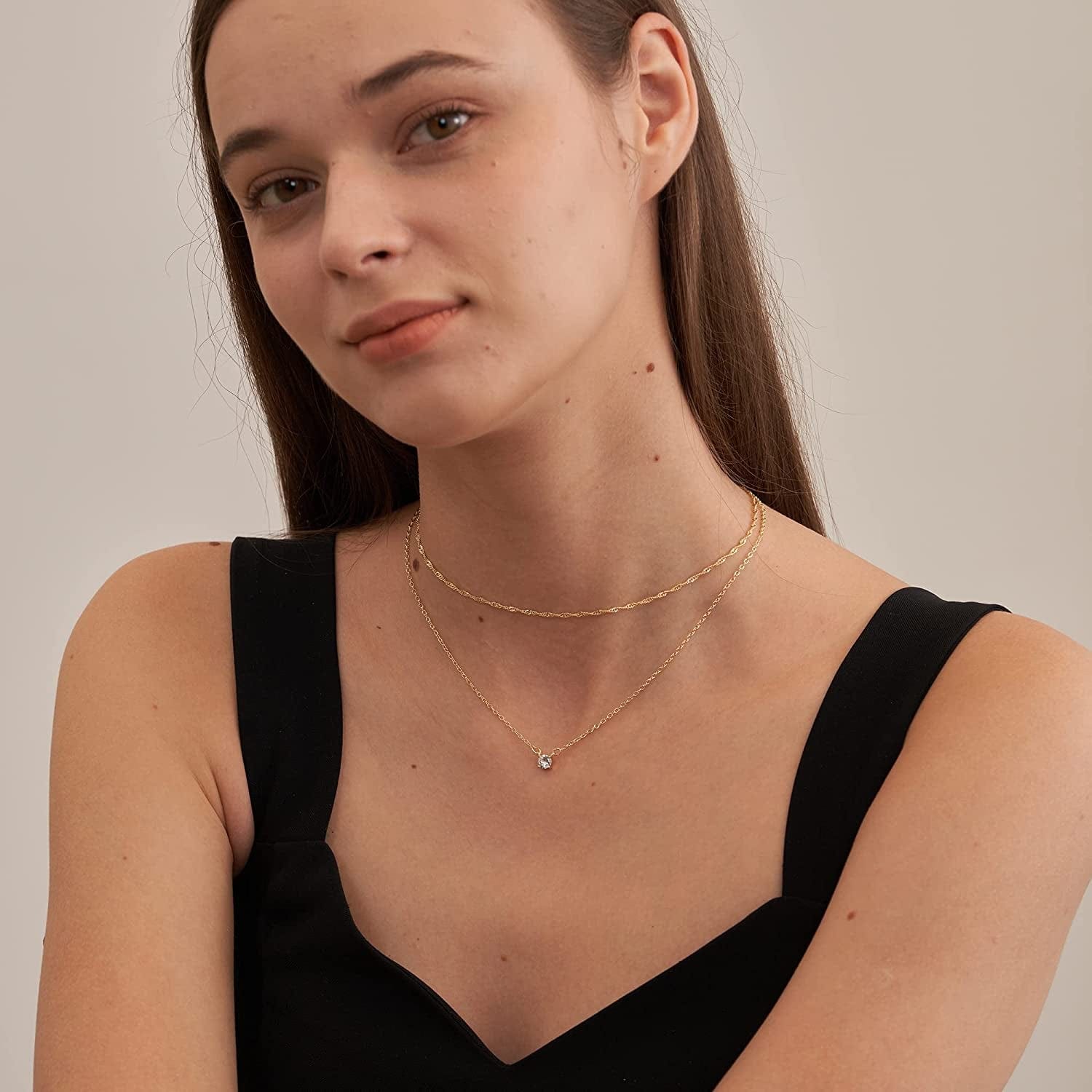 Diamond Necklaces for Women, Dainty Gold Necklace 14K Gold Plated Long Lariat Necklace Simple Gold CZ Diamond Choker Necklaces for Women Trendy Gold Necklace Jewelry Gifts for Girls
