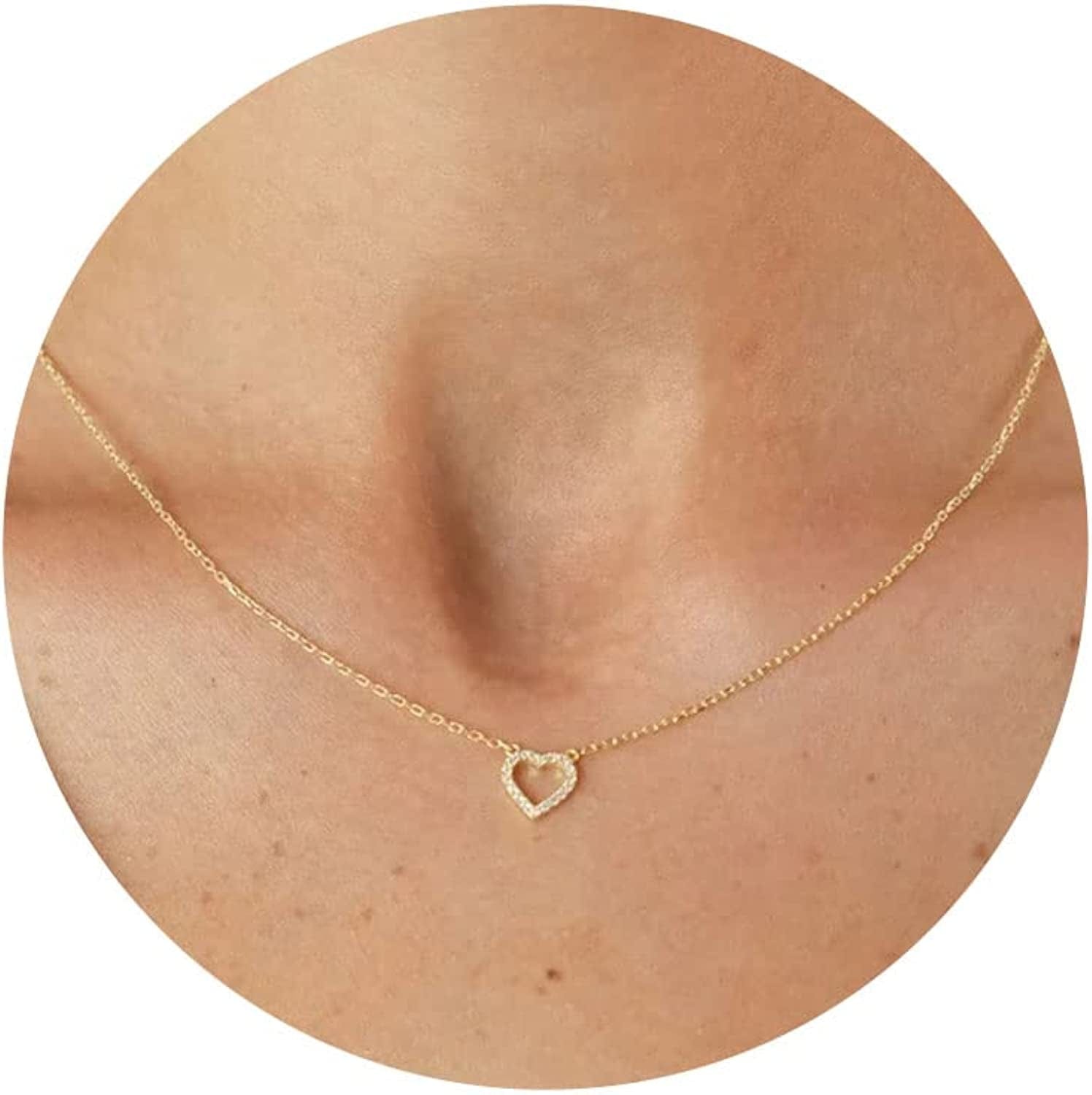 Diamond Necklaces for Women, Dainty Gold Necklace 18K Gold Filled Layered CZ Diamond Necklace Simple Gold Necklace for Women Trendy Jewelry Gifts for Girls heart cz gold