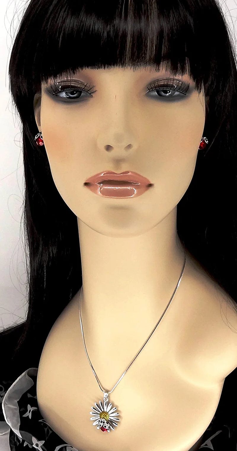 Dianal Boutique Beautiful Silvertone Daisy Flower Ladybug Pendant Necklace and Earrings Stud Set 21" Chain Gift Boxed Fashion Jewelry