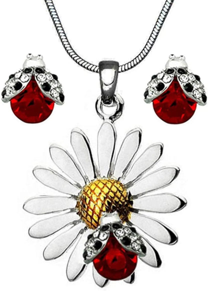 Dianal Boutique Beautiful Silvertone Daisy Flower Ladybug Pendant Necklace and Earrings Stud Set 21" Chain Gift Boxed Fashion Jewelry
