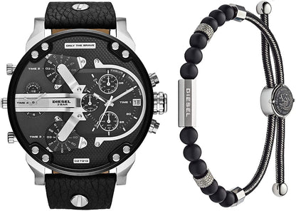 Diesel Men'S Mr. Daddy 2.0 Stainless Steel Chronograph Quartz Watch Silver, Black Bracelet Set