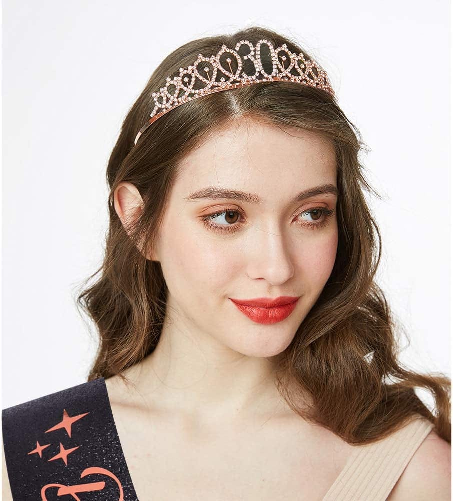 "Dirty Thirty" Sash & Rhinestone Tiara Set - 30Th Birthday Gifts Birthday Sash for Women Birthday Party Supplies (Black Glitter/Rose Gold) Apparel & Accessories > Clothing Accessories > Sashes ADBetty   