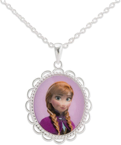 Disney Frozen Silver Plated Teardrop Pendant, 18" Chain Frozen Anna Cameo