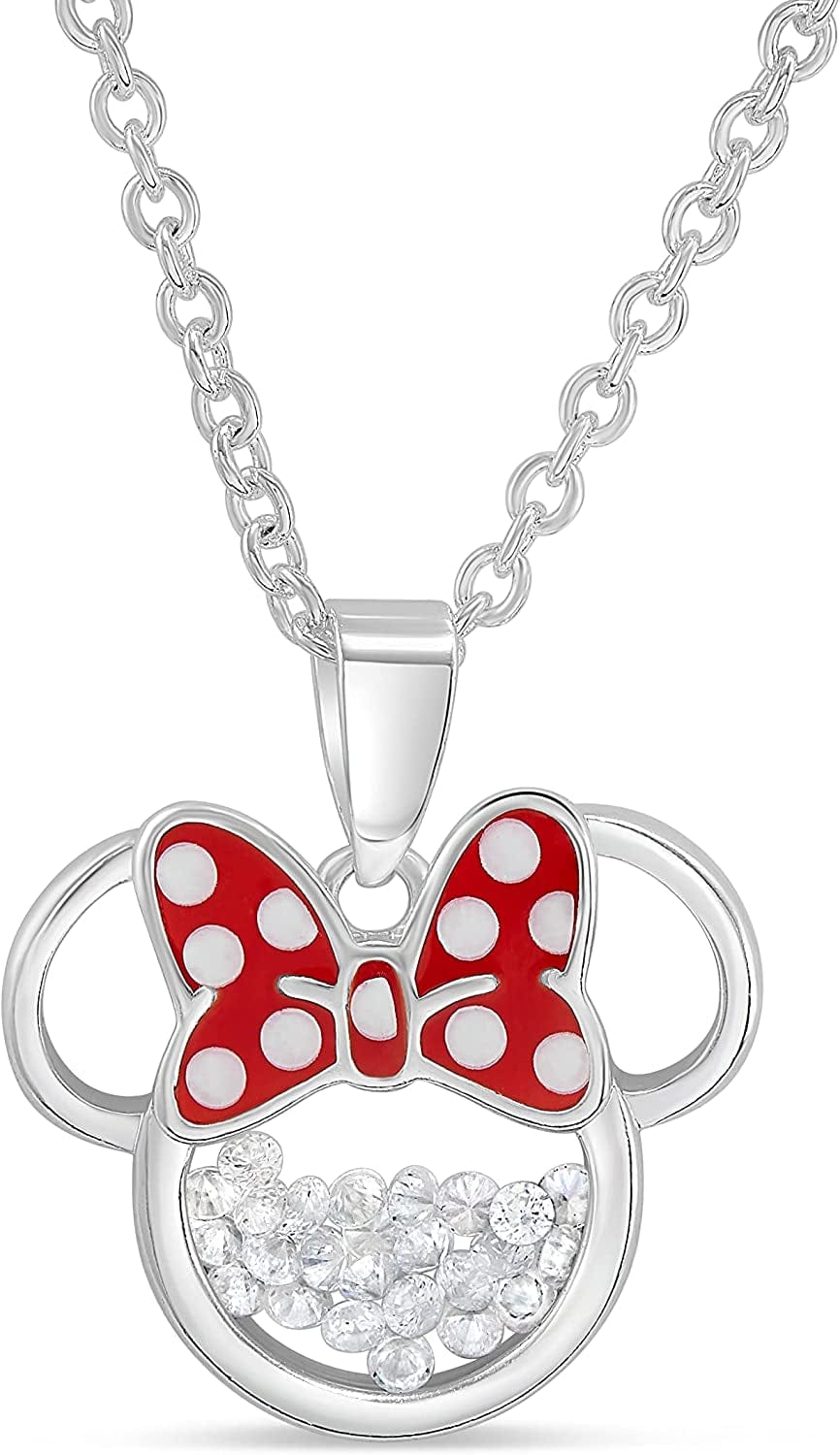 Disney Women and Girls Birthstone Jewelry - Minnie Mouse Cubic Zirconia Shaker Pendant Necklace, Silver Plated, 18+2" Extender October-Synthetic White Opal