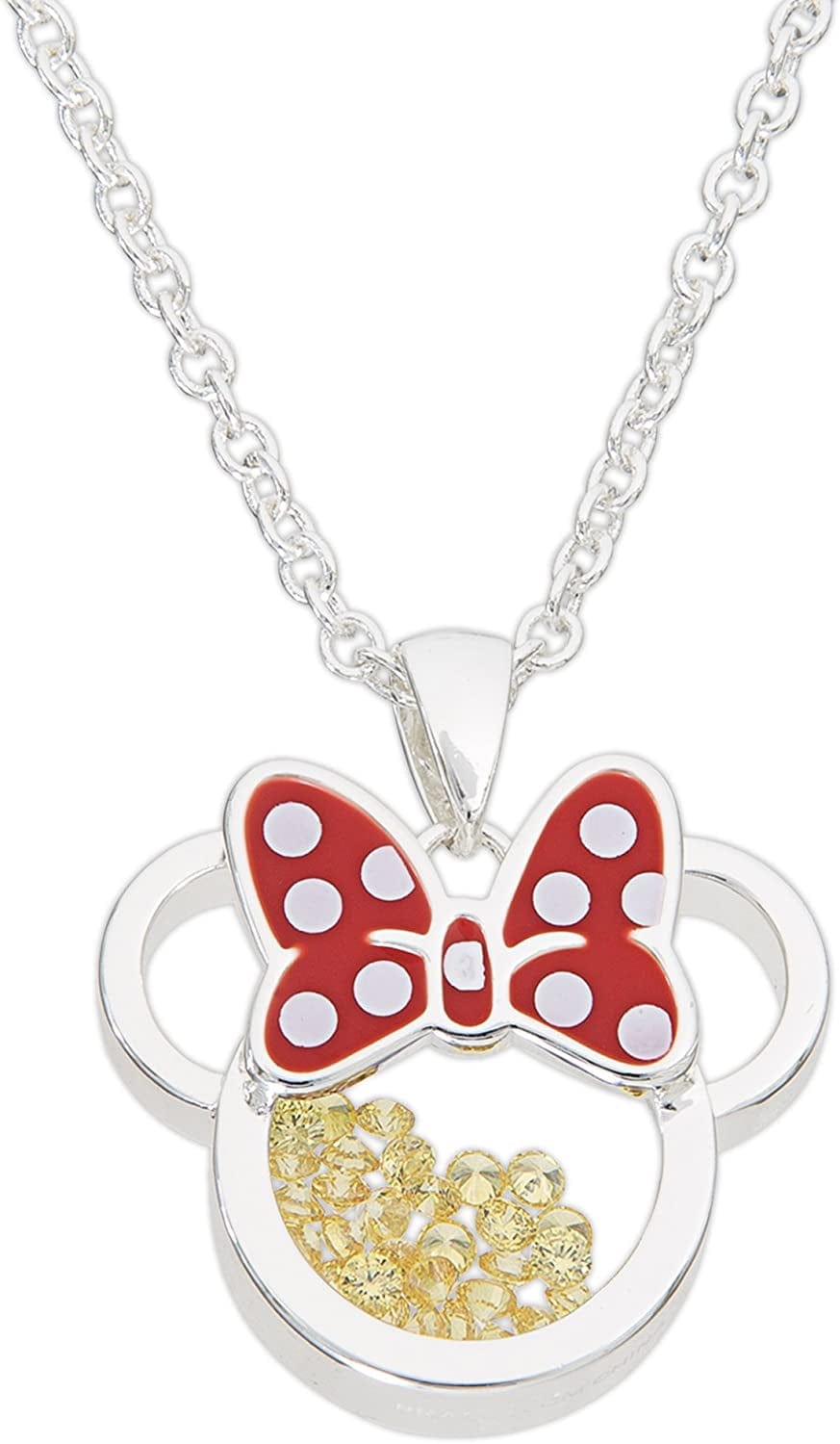 Disney Women and Girls Birthstone Jewelry - Minnie Mouse Cubic Zirconia Shaker Pendant Necklace, Silver Plated, 18+2" Extender November-Amber Citrine Cubic Zirconia