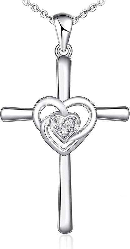 Distance Cross Necklace for Women 925 Sterling Silver Jewelry Pendant Necklace for Girls Mom Wife Gift for Mother'S Day or Birthday Double Heart Necklace