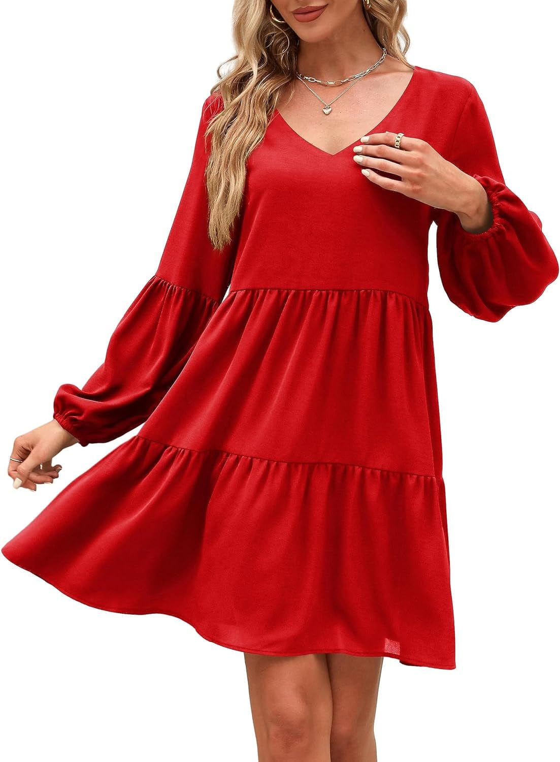 Dittyandvibe Women Dresses Casual Long Sleeve V Neck Flowy Tunic Dress Red / Small