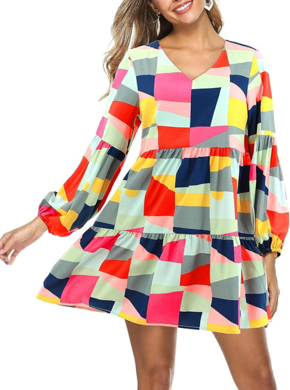 Dittyandvibe Women Dresses Casual Long Sleeve V Neck Flowy Tunic Dress Multicolored Plaid / Small
