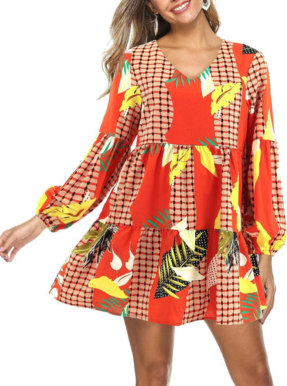 Dittyandvibe Women Dresses Casual Long Sleeve V Neck Flowy Tunic Dress Geometry Orange / Large
