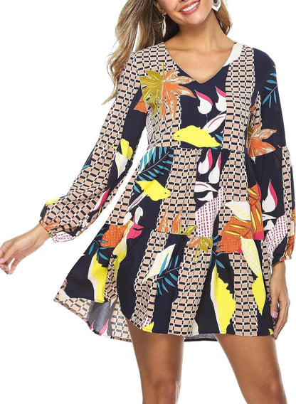 Dittyandvibe Women Dresses Casual Long Sleeve V Neck Flowy Tunic Dress Geometry Blue / Small