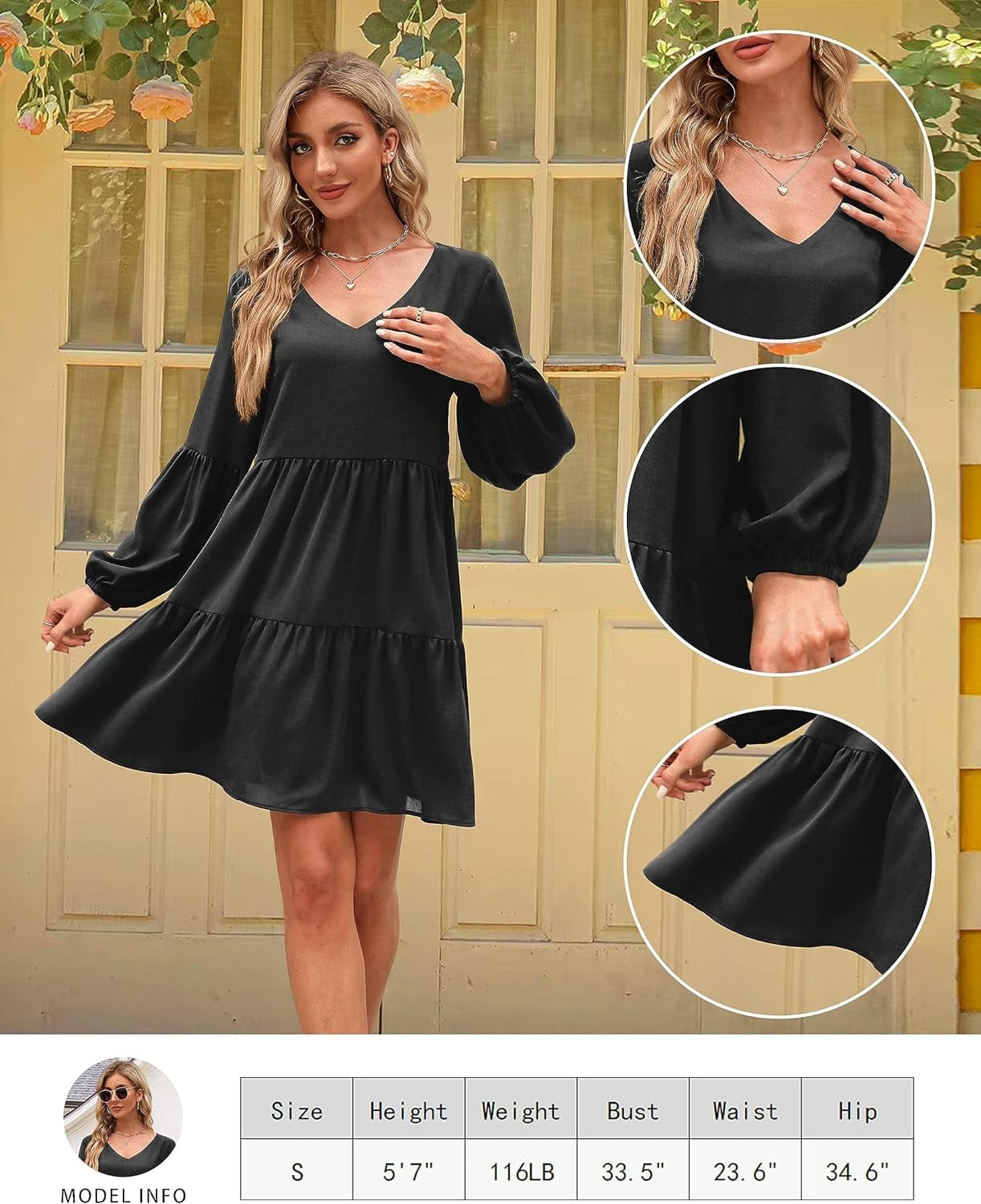 Dittyandvibe Women Dresses Casual Long Sleeve V Neck Flowy Tunic Dress