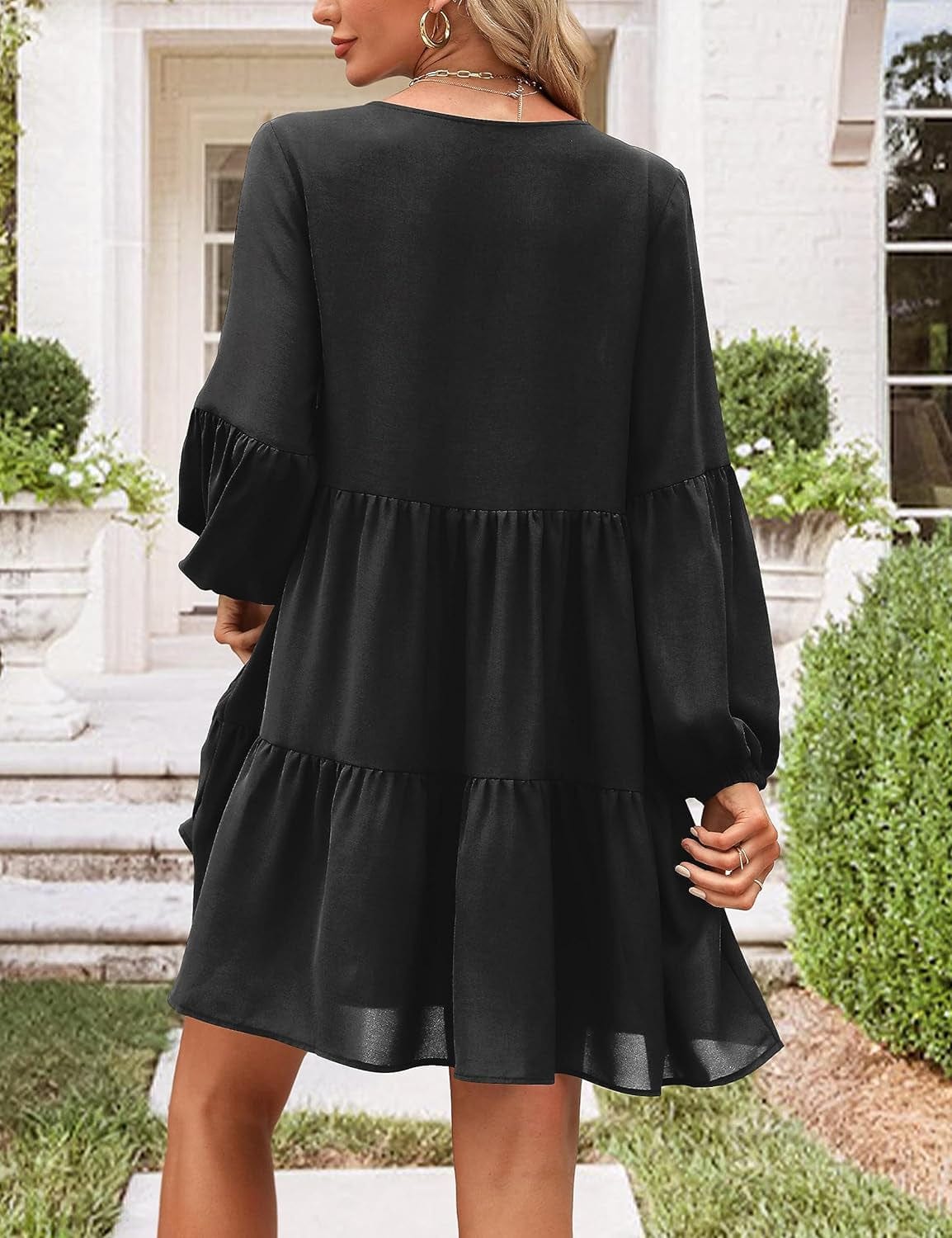 Dittyandvibe Women Dresses Casual Long Sleeve V Neck Flowy Tunic Dress