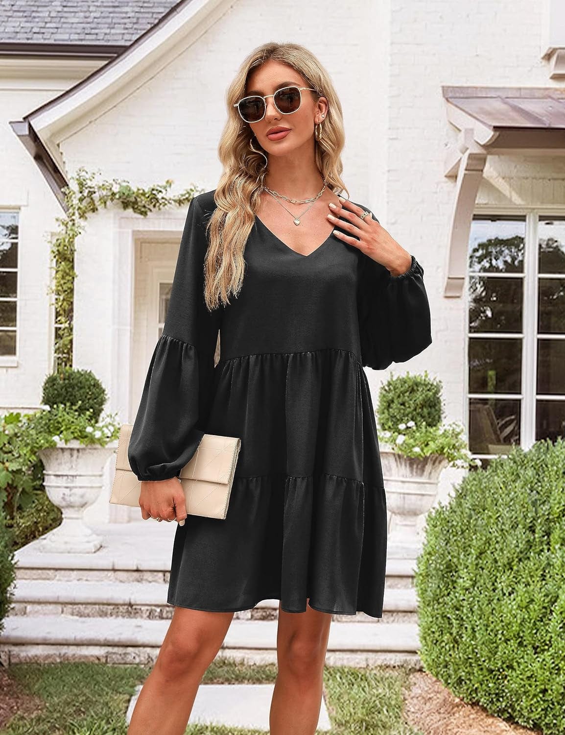 Dittyandvibe Women Dresses Casual Long Sleeve V Neck Flowy Tunic Dress
