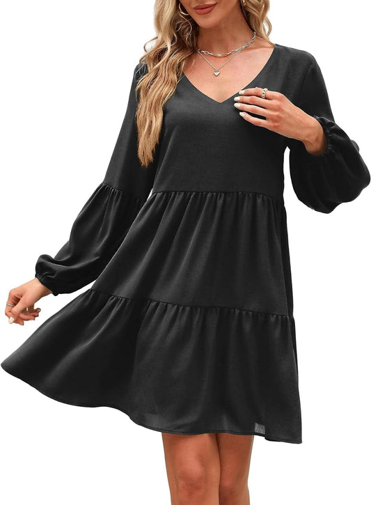 Dittyandvibe Women Dresses Casual Long Sleeve V Neck Flowy Tunic Dress