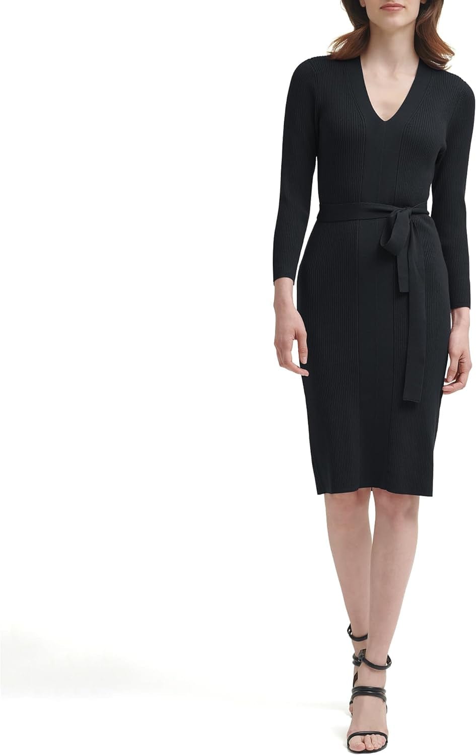 DKNY Women'S Tie Waist Sweater V-Neck Dress Black / X-Large