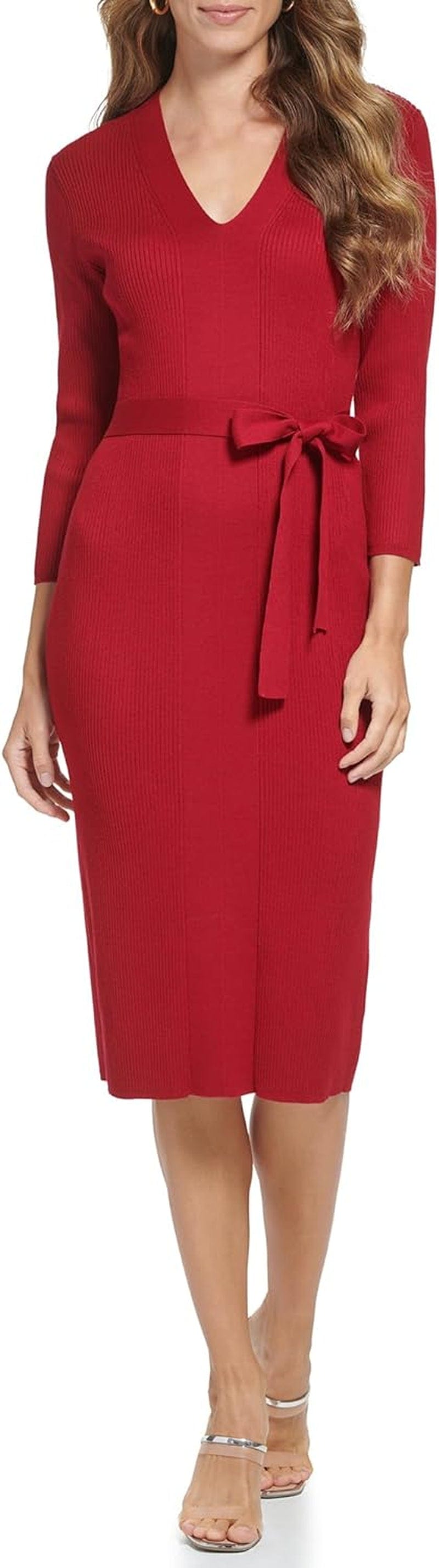 DKNY Women'S Tie Waist Sweater V-Neck Dress Garnet / Small