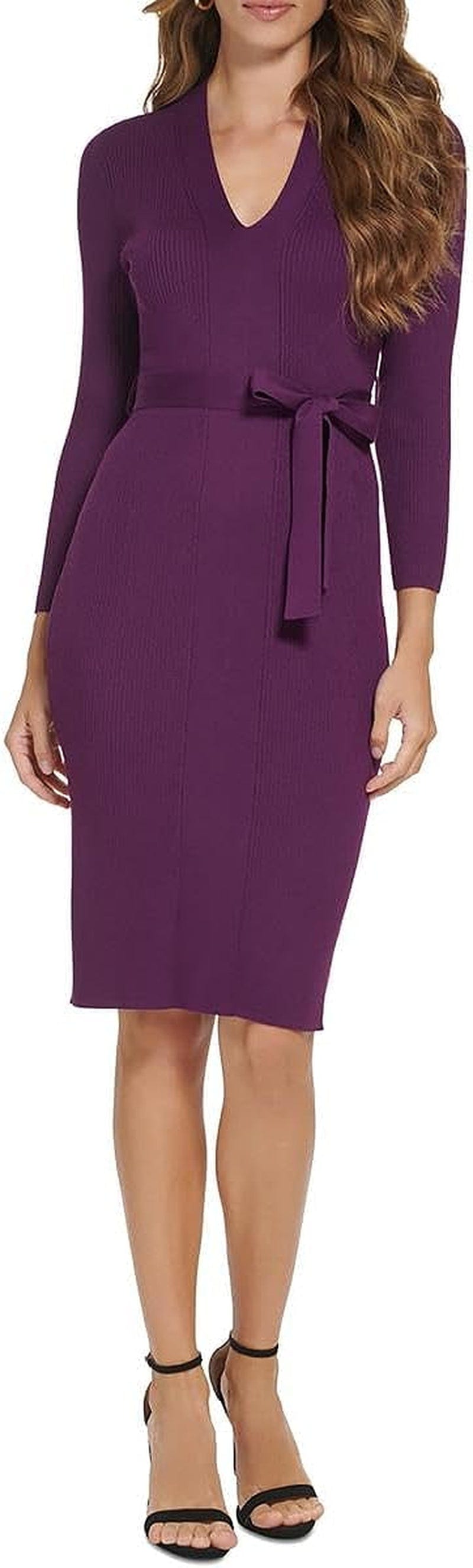 DKNY Women'S Tie Waist Sweater V-Neck Dress Wine / X-Large