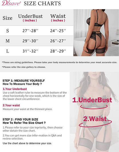 Dlsave Women Strappy Exotic Fishnet Lace Lingerie Set Eyelash Chain Bra and Panty Sets 4 Piece