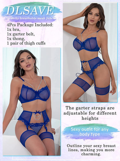 Dlsave Women Strappy Exotic Fishnet Lace Lingerie Set Eyelash Chain Bra and Panty Sets 4 Piece