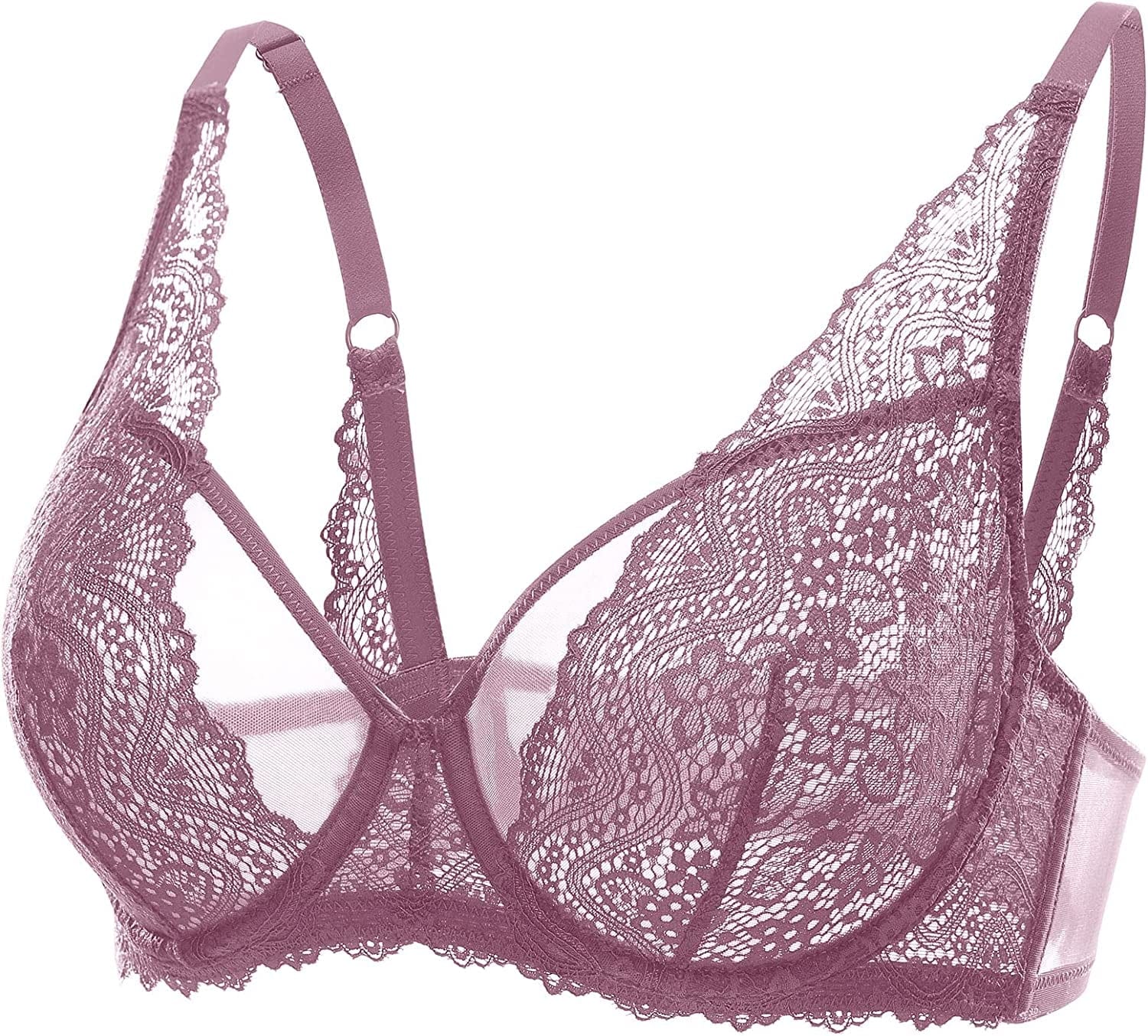 DOBREVA Women'S Lace Bralette See through Sexy Minimizer Bra plus Size Sheer Underwire Orchid Rose / 42E