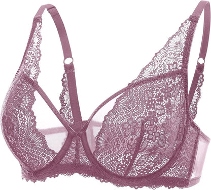 DOBREVA Women'S Lace Bralette See through Sexy Minimizer Bra plus Size Sheer Underwire Orchid Rose / 42E