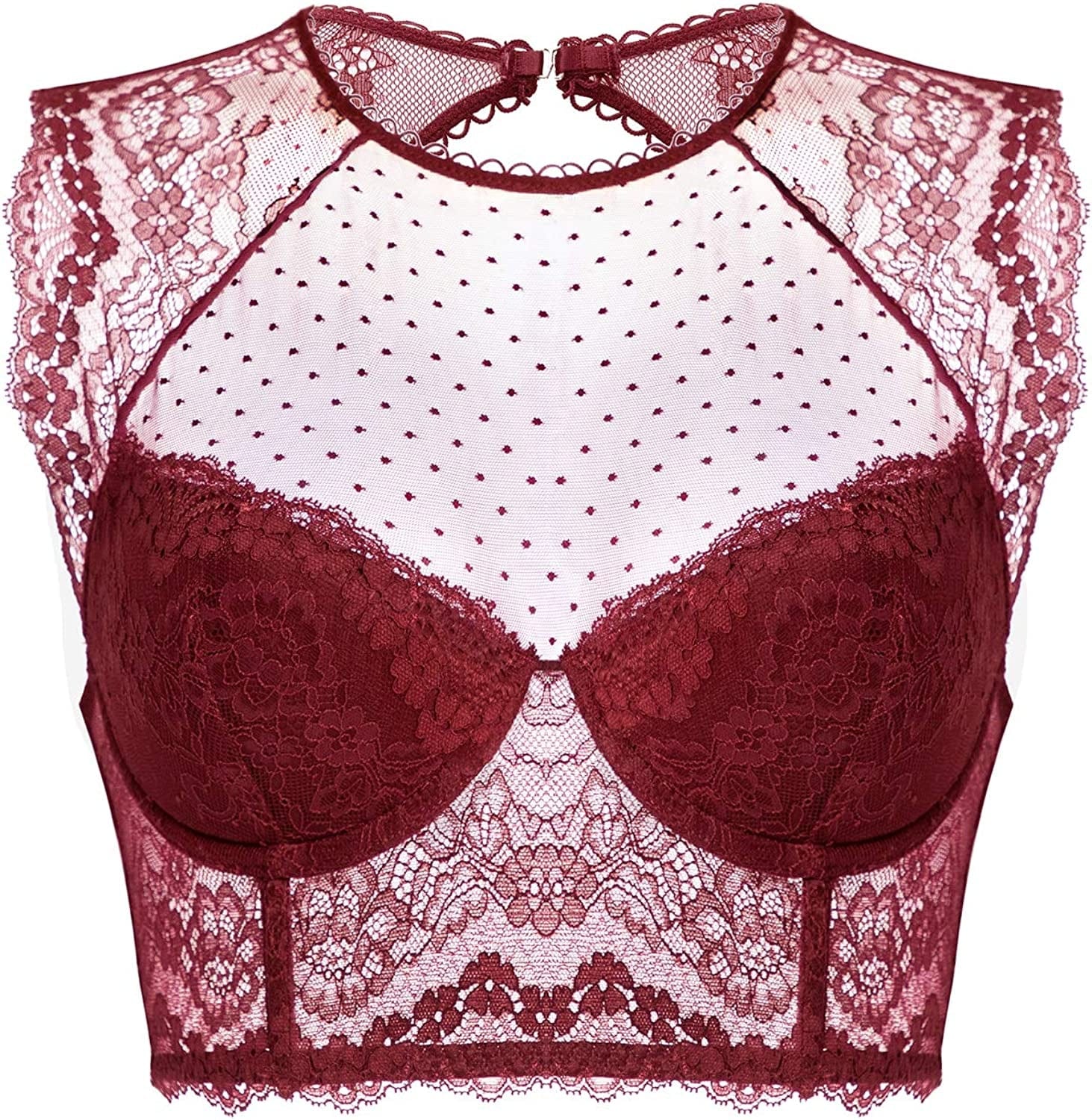 DOBREVA Women'S Lace Corset Top Sexy Bralette Bustier Bra Underwire plus Size Crop Top Dark Red / 38C