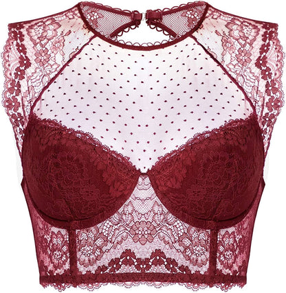 DOBREVA Women'S Lace Corset Top Sexy Bralette Bustier Bra Underwire plus Size Crop Top Dark Red / 38C