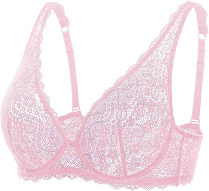 DOBREVA Women'S Lace Plunge Bra Sexy Underwire Bralette plus Size See through Unlined Bras Pink Gazelle / 40DD