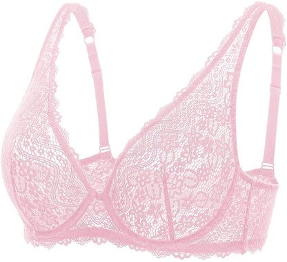 DOBREVA Women'S Lace Plunge Bra Sexy Underwire Bralette plus Size See through Unlined Bras Pink Gazelle / 32E