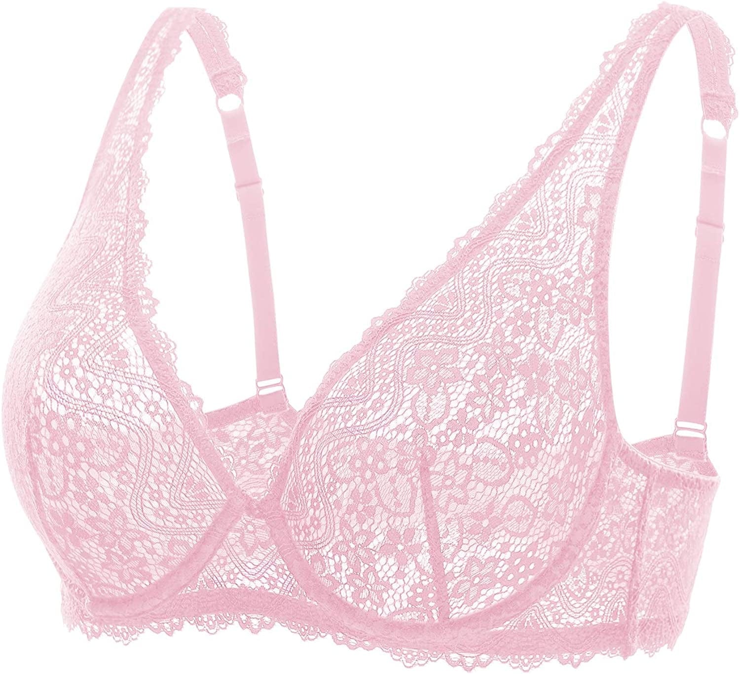 DOBREVA Women'S Lace Plunge Bra Sexy Underwire Bralette plus Size See through Unlined Bras Pink Gazelle / 36B