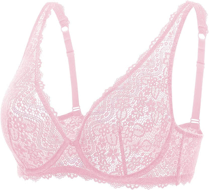 DOBREVA Women'S Lace Plunge Bra Sexy Underwire Bralette plus Size See through Unlined Bras Pink Gazelle / 36B