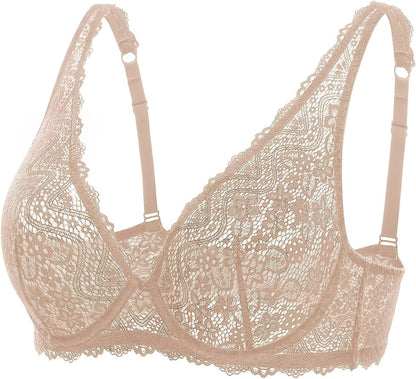 DOBREVA Women'S Lace Plunge Bra Sexy Underwire Bralette plus Size See through Unlined Bras Beige / 36D