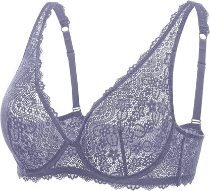 DOBREVA Women'S Lace Plunge Bra Sexy Underwire Bralette plus Size See through Unlined Bras Adobeblue / 32E