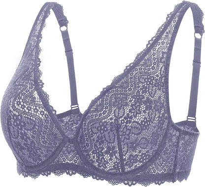 DOBREVA Women'S Lace Plunge Bra Sexy Underwire Bralette plus Size See through Unlined Bras Adobeblue / 38F