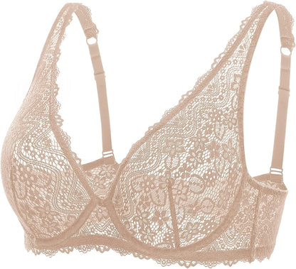 DOBREVA Women'S Lace Plunge Bra Sexy Underwire Bralette plus Size See through Unlined Bras Beige / 32E