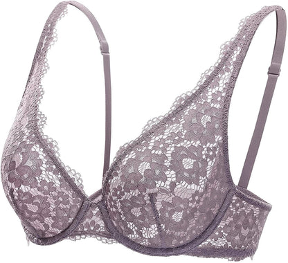 DOBREVA Women'S Lace Unlined Plunge Bra Underwire Bralette plus Size Sheer Full Coverage Bras Warm Iris / 36C