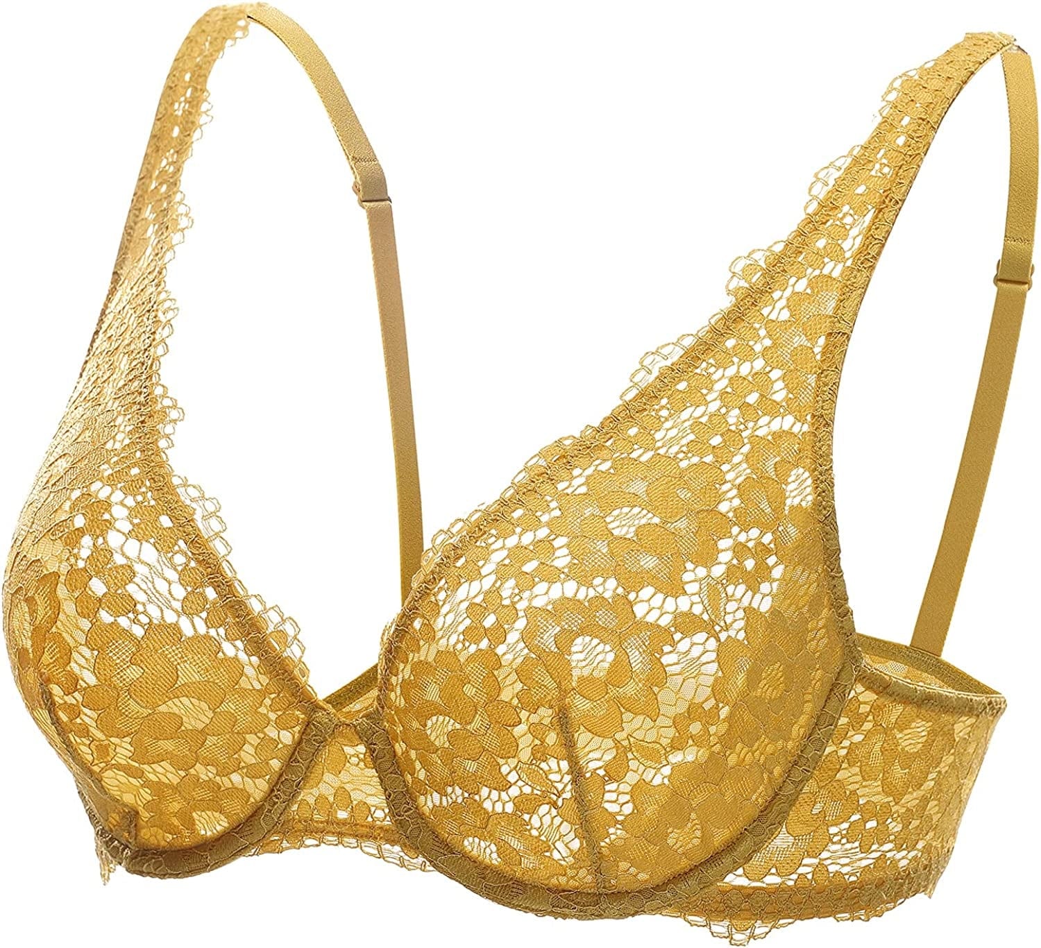 DOBREVA Women'S Lace Unlined Plunge Bra Underwire Bralette plus Size Sheer Full Coverage Bras Mustard / 34B