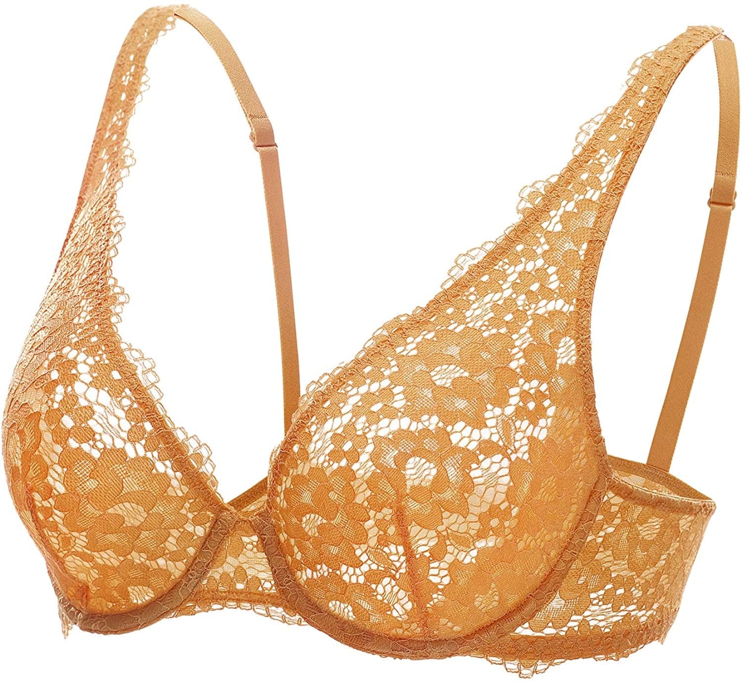 DOBREVA Women'S Lace Unlined Plunge Bra Underwire Bralette plus Size Sheer Full Coverage Bras Party Peach / 32A