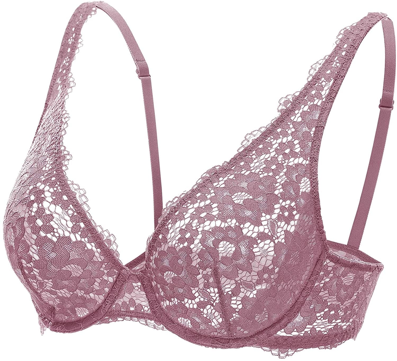 DOBREVA Women'S Lace Unlined Plunge Bra Underwire Bralette plus Size Sheer Full Coverage Bras Orchid Rose / 38DD