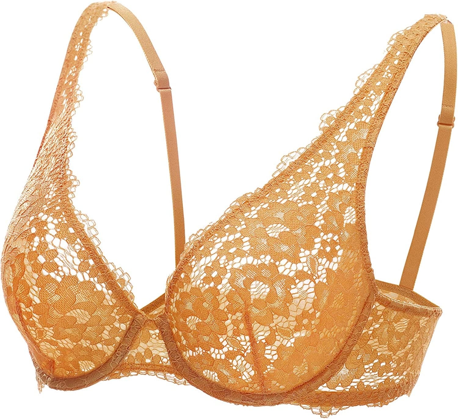 DOBREVA Women'S Lace Unlined Plunge Bra Underwire Bralette plus Size Sheer Full Coverage Bras Party Peach / 34B
